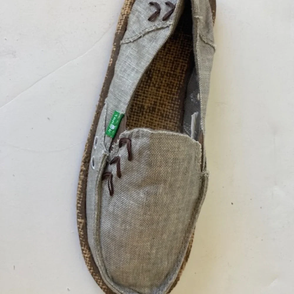 Sanuk Gray Canvas Slip-On Sneakers with Brown Accents